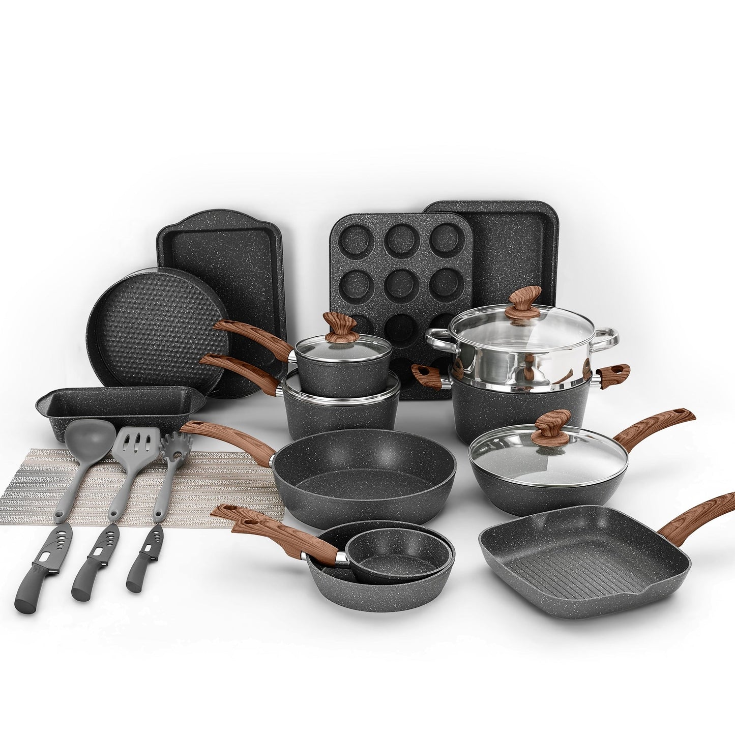 30-Piece Kitchen Granite Cookware and Bakeware Set, Cooking Pans Set Non-Stick Pots and Pans Set