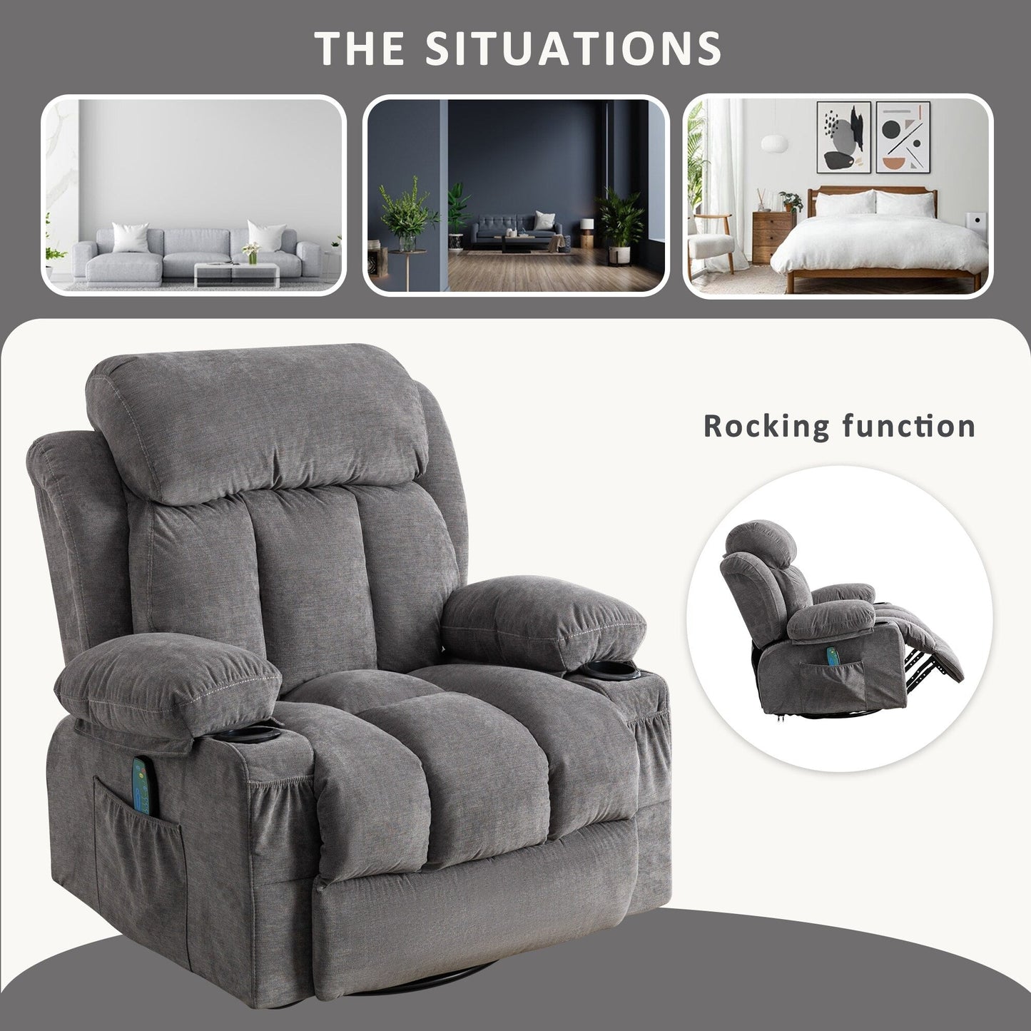 360° Swivel Recliner Chair with Massage, Heat, USB, and Cup Holders
