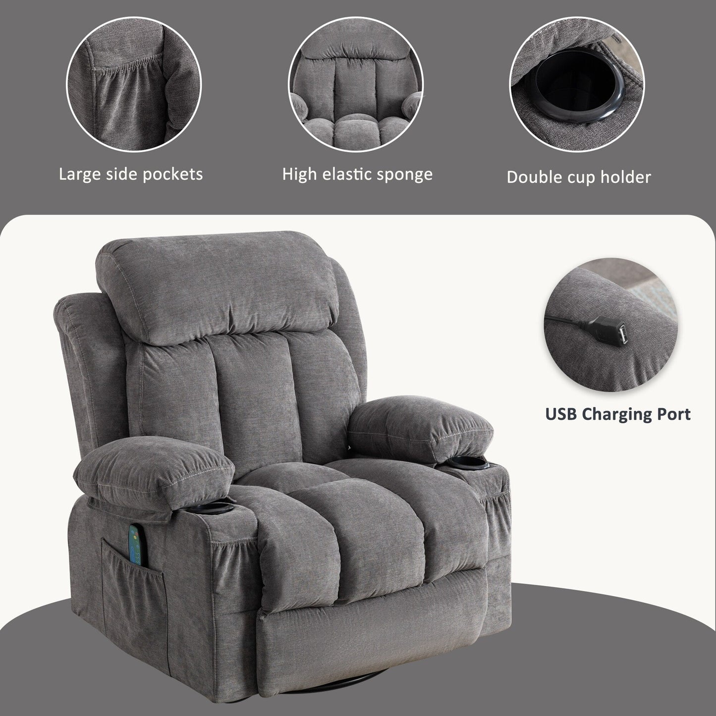 360° Swivel Recliner Chair with Massage, Heat, USB, and Cup Holders