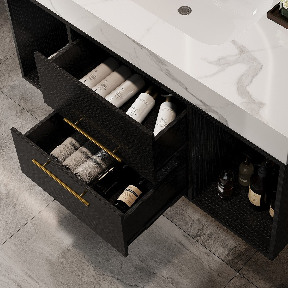 39.4 '' Floating Bathroom Vanity with Ceramic sink,Wall Hung Vanity 2 Soft Close Drawer and white slate top - 39'4 x 18'9