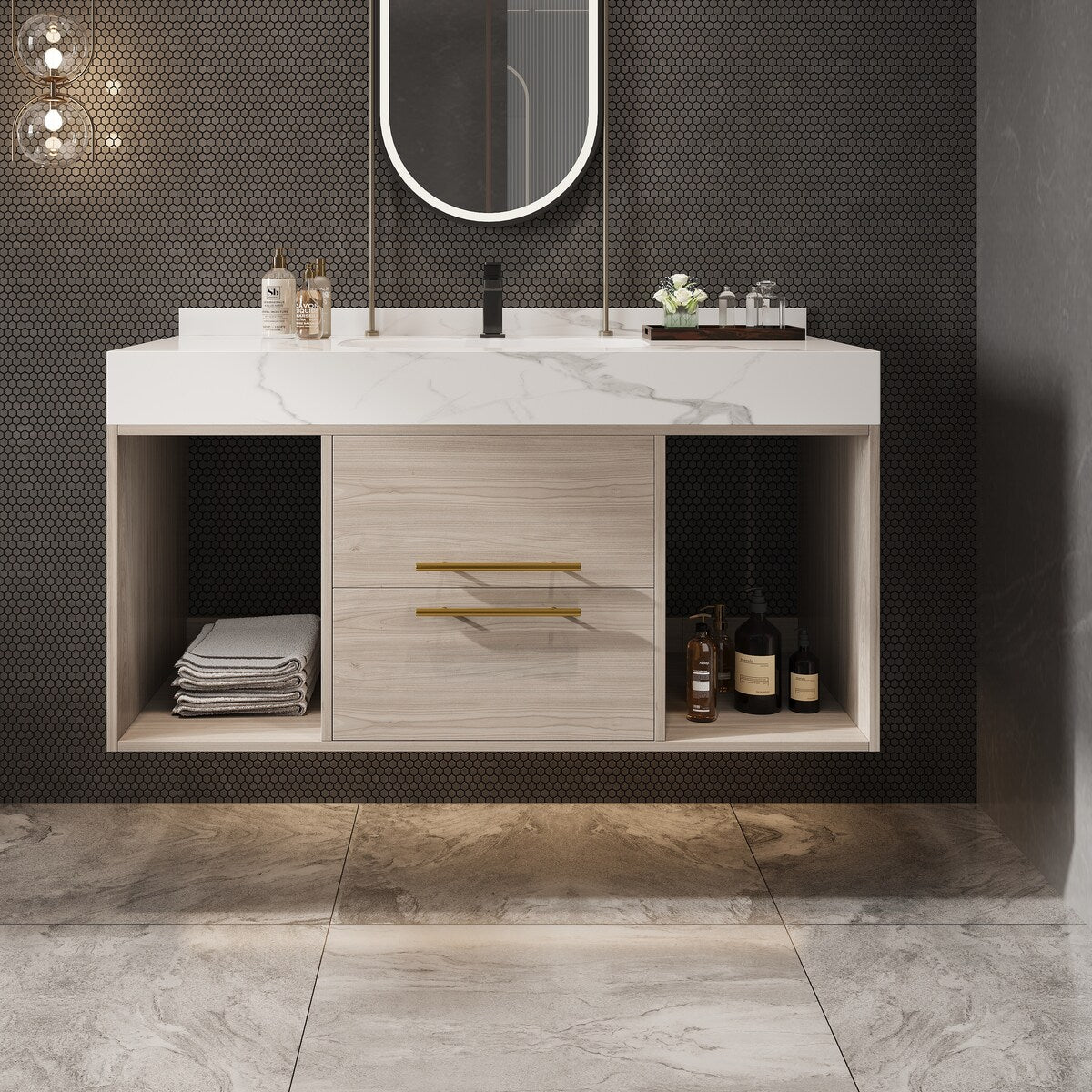 39.4 '' Floating Bathroom Vanity with Ceramic sink,Wall Hung Vanity 2 Soft Close Drawer and white slate top - 39'4 x 18'9