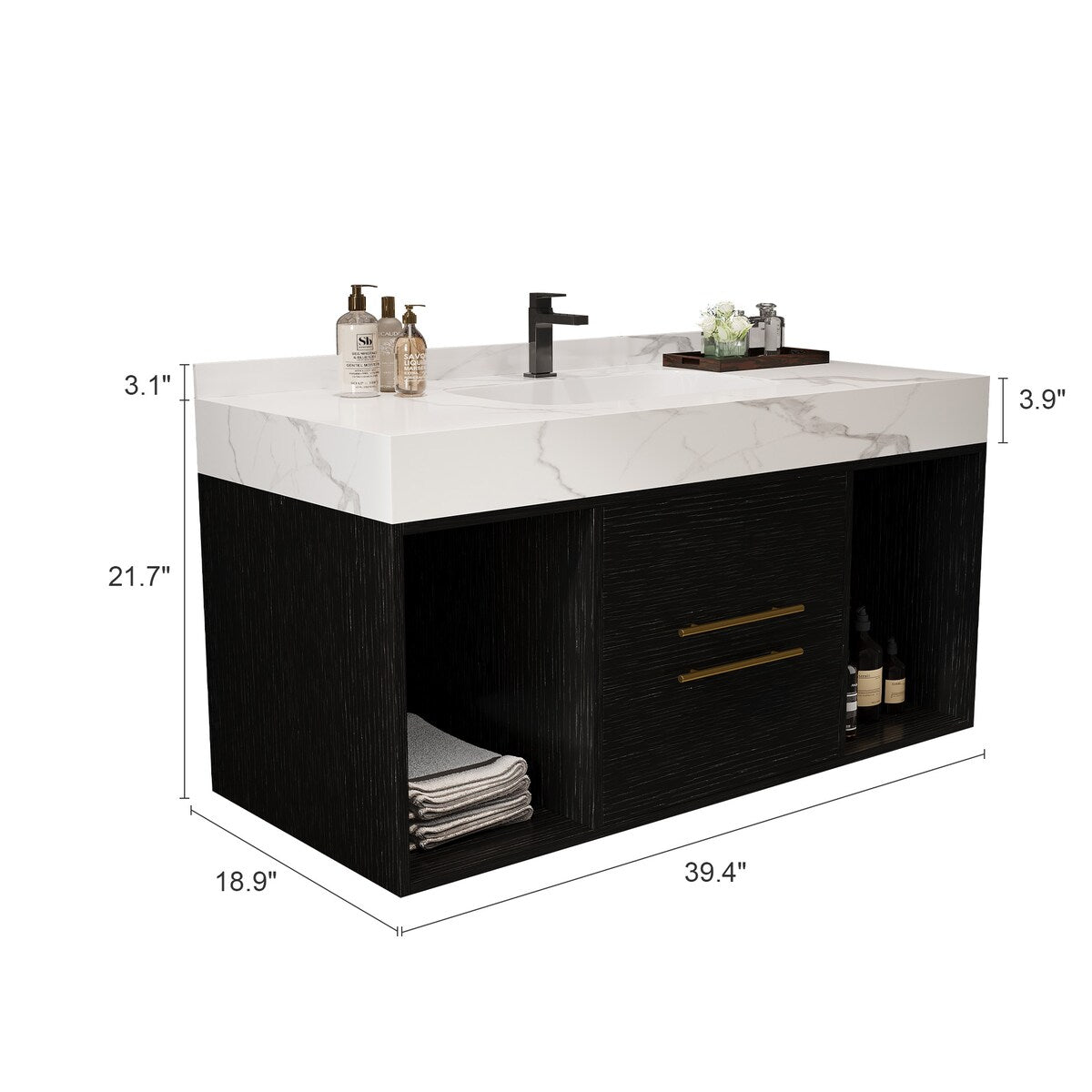 39.4 '' Floating Bathroom Vanity with Ceramic sink,Wall Hung Vanity 2 Soft Close Drawer and white slate top - 39'4 x 18'9