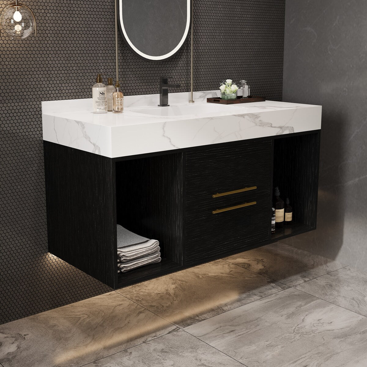 39.4 '' Floating Bathroom Vanity with Ceramic sink,Wall Hung Vanity 2 Soft Close Drawer and white slate top - 39'4 x 18'9