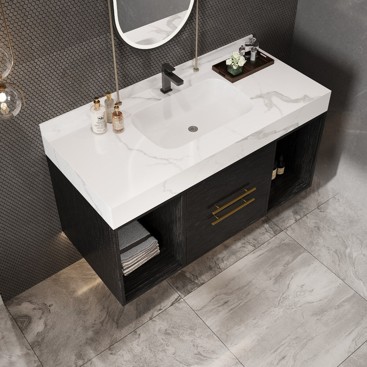 39.4 '' Floating Bathroom Vanity with Ceramic sink,Wall Hung Vanity 2 Soft Close Drawer and white slate top - 39'4 x 18'9