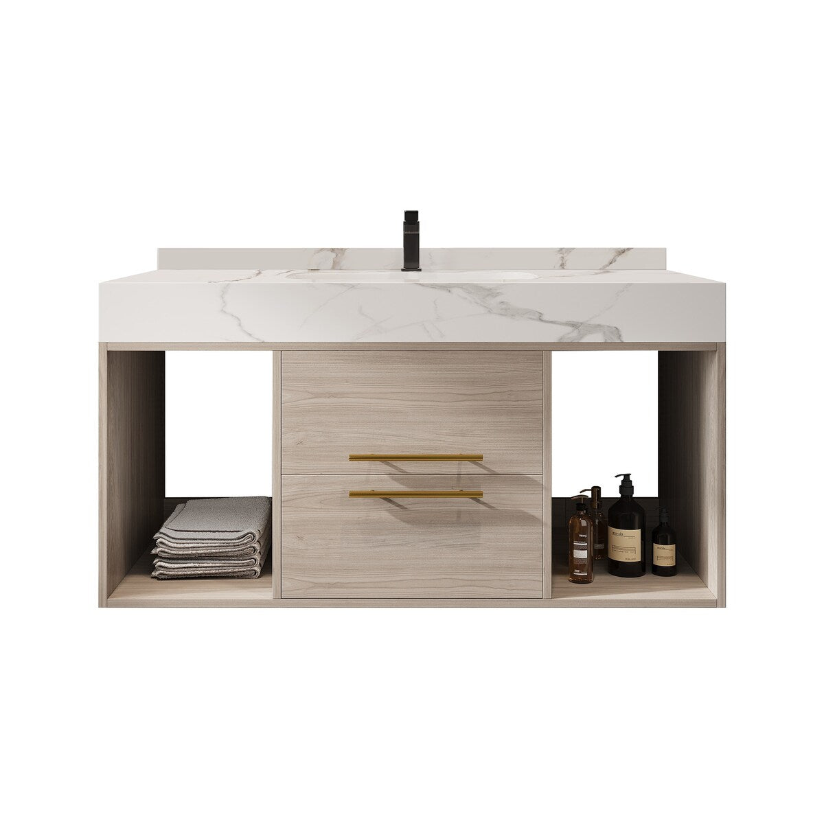 39.4 '' Floating Bathroom Vanity with Ceramic sink,Wall Hung Vanity 2 Soft Close Drawer and white slate top - 39'4 x 18'9