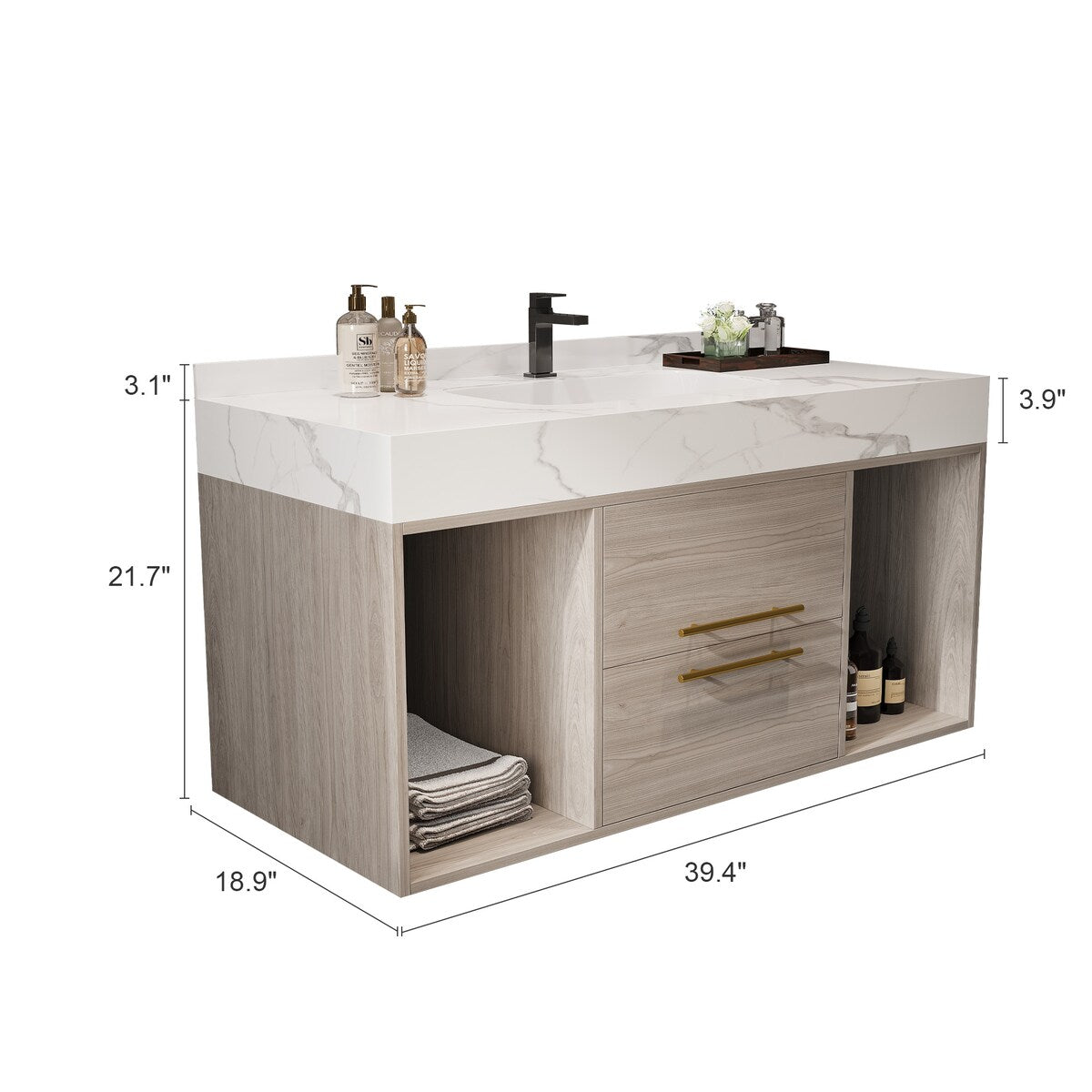 39.4 '' Floating Bathroom Vanity with Ceramic sink,Wall Hung Vanity 2 Soft Close Drawer and white slate top - 39'4 x 18'9