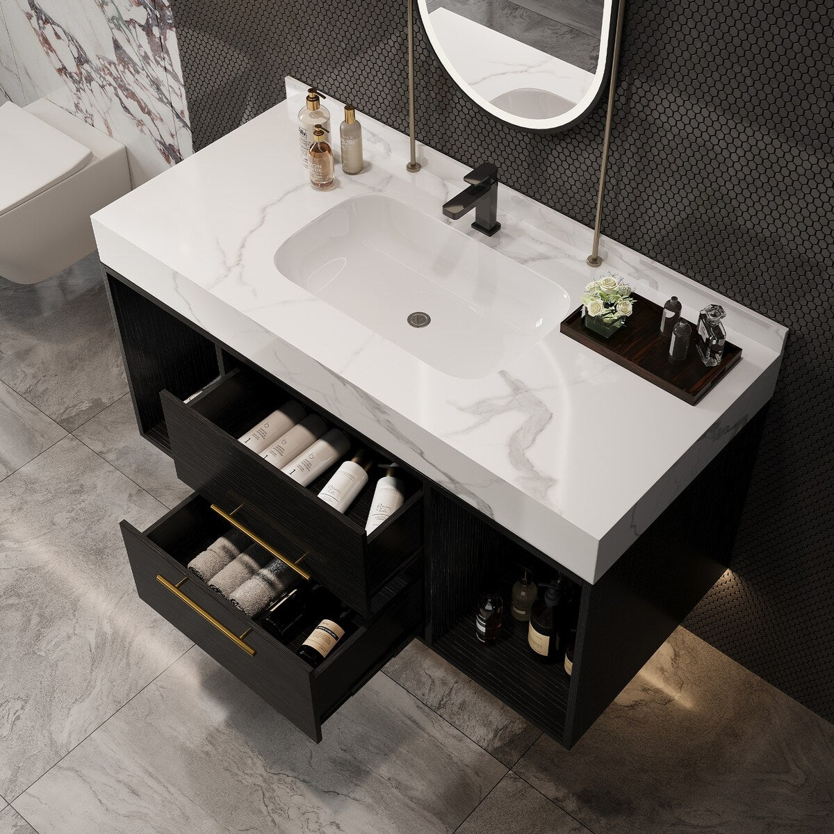 39.4 '' Floating Bathroom Vanity with Ceramic sink,Wall Hung Vanity 2 Soft Close Drawer and white slate top - 39'4 x 18'9