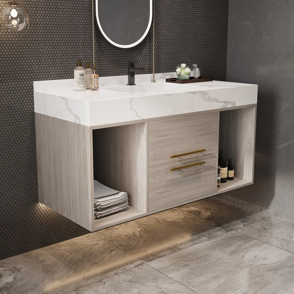 39.4 '' Floating Bathroom Vanity with Ceramic sink,Wall Hung Vanity 2 Soft Close Drawer and white slate top - 39'4 x 18'9