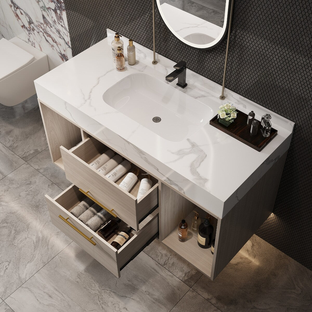 39.4 '' Floating Bathroom Vanity with Ceramic sink,Wall Hung Vanity 2 Soft Close Drawer and white slate top - 39'4 x 18'9
