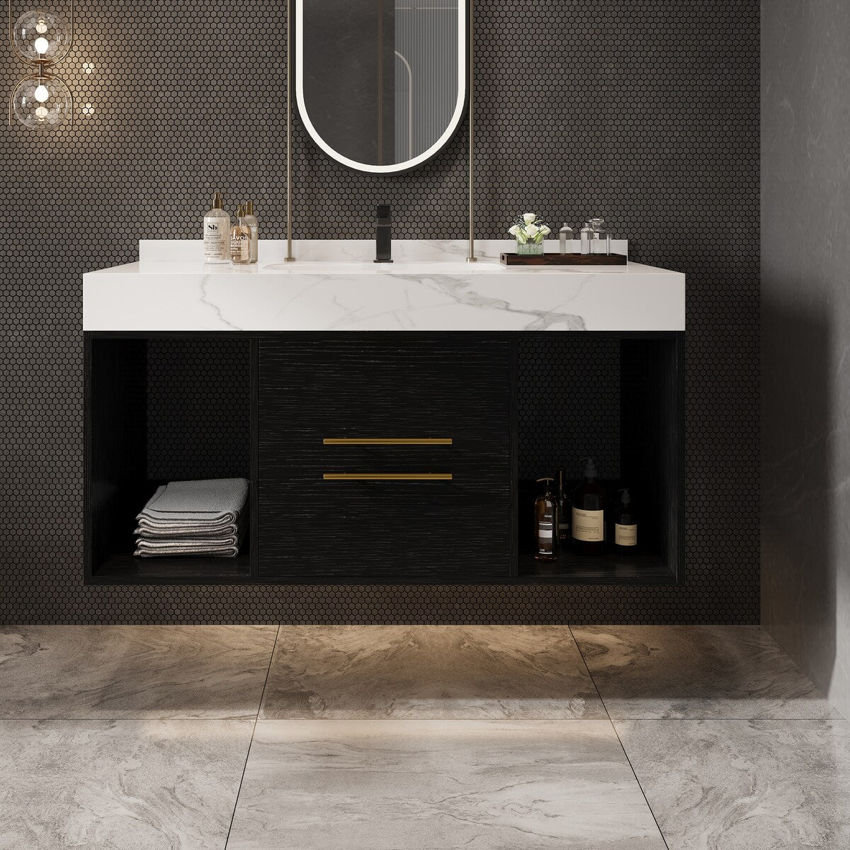 39.4 '' Floating Bathroom Vanity with Ceramic sink,Wall Hung Vanity 2 Soft Close Drawer and white slate top - 39'4 x 18'9