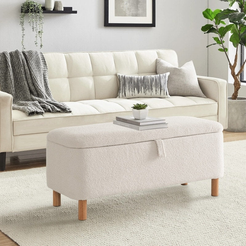 39.5 Off White Boucle Storage Ottoman Bench Sherpa Storage Bench Ottoman Foot Rest End of Bed for Living Room Bedroom,Wood Leg