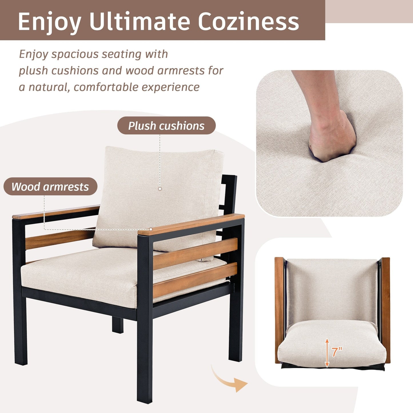 4-Piece Outdoor Sofa Set for 5 People with Removable Cushion & Solid Wood Coffee Table