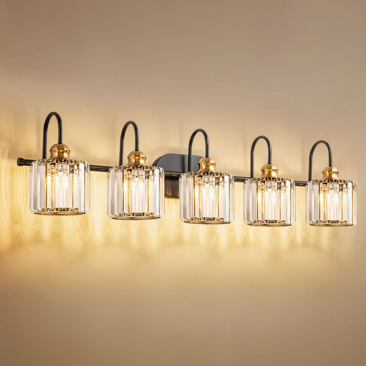 5-Light Glam Linear Dimmable Crystal Bathroom Vanity Lights with Cylinder Crystal Shade