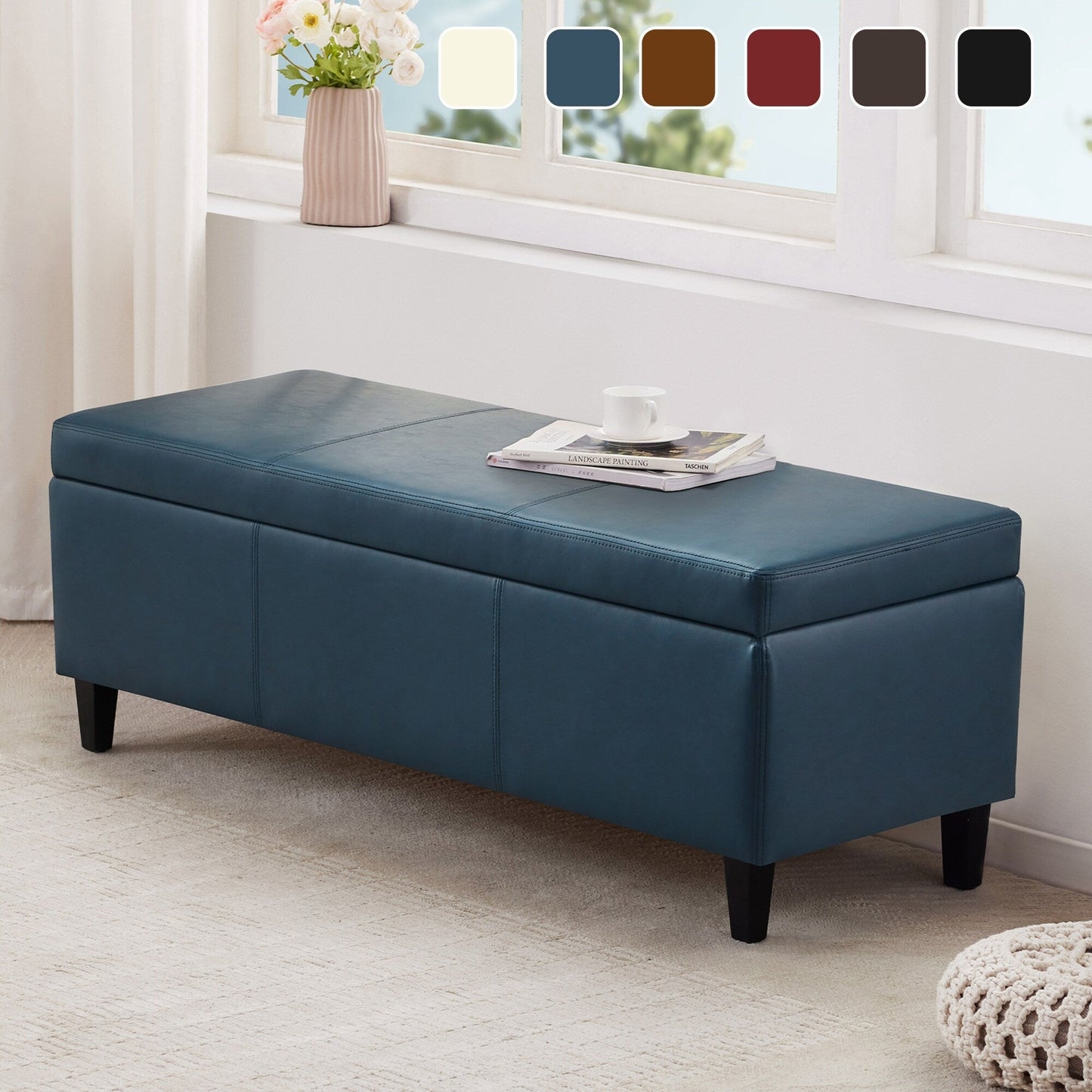 50.3 x 17.50 x 18 Upholstered Rectangular Storage Ottoman-Faux Leather