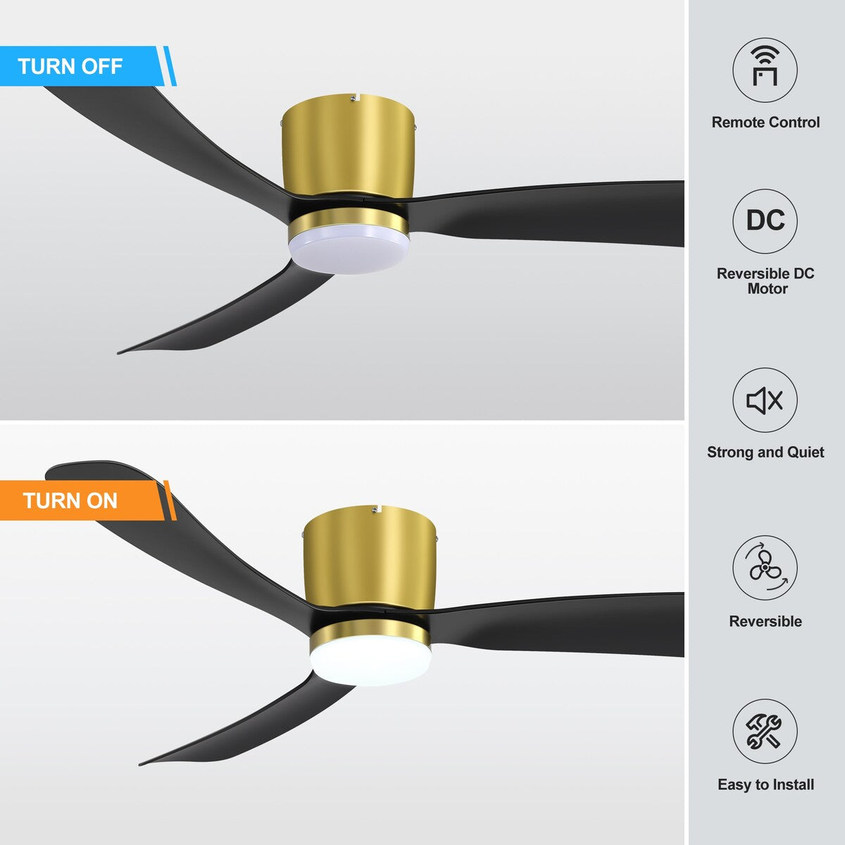 52 Inch Black/White Flush Mount LED Ceiling Fan with Lights Remote(3-Blade)