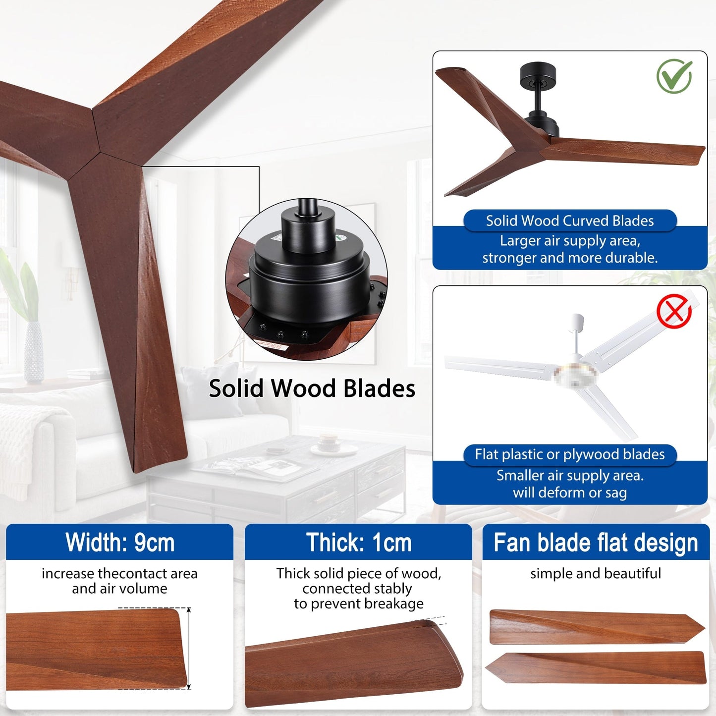 52 inch Modern Solid Wood / ABS Ceiling Fan With Remote Control(No Light),6 WInd Speed,Reversible Airflow