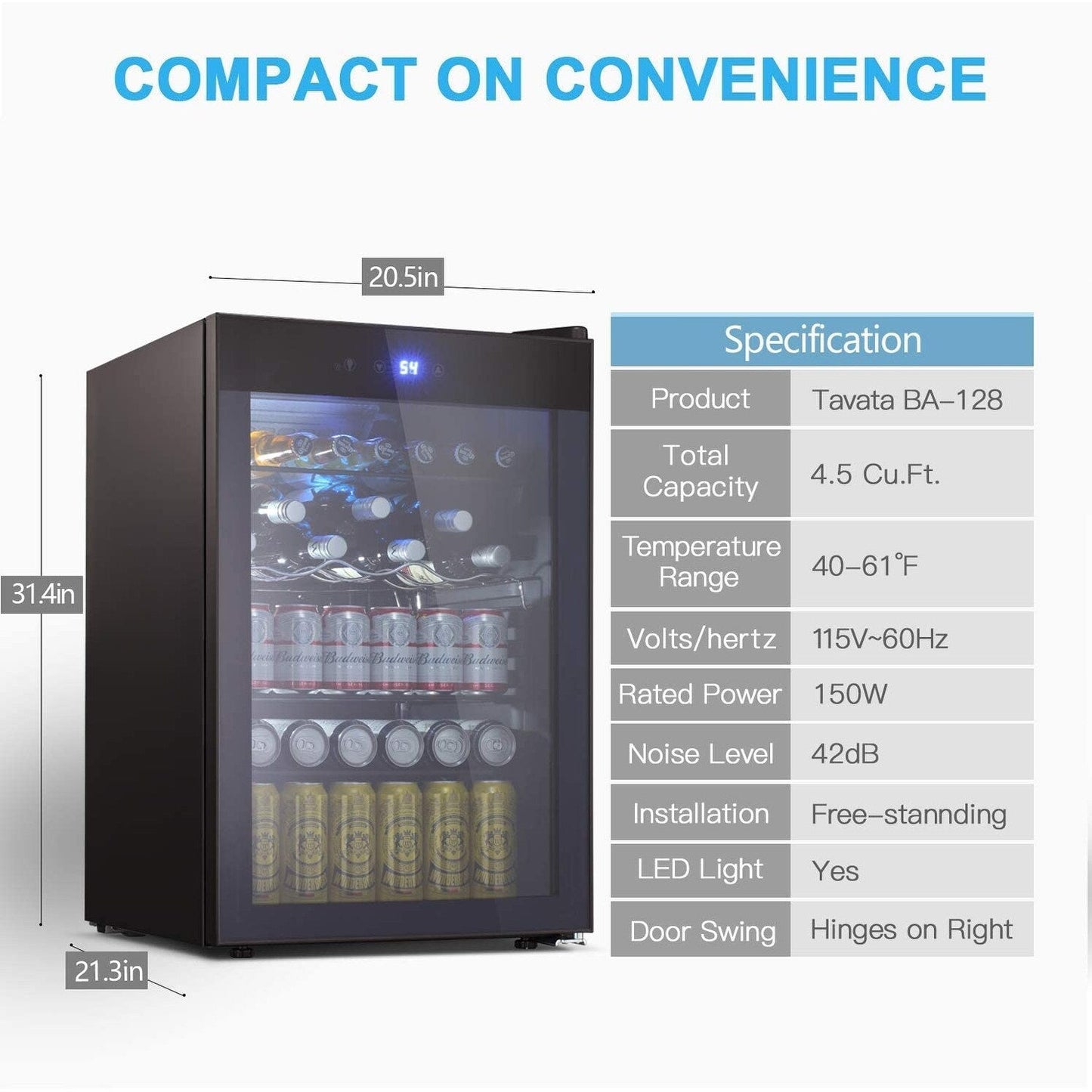 4.4cu.f Wine Cooler with LED Lights and Touch Buttons, Removable Shelves, Less Than 38dB