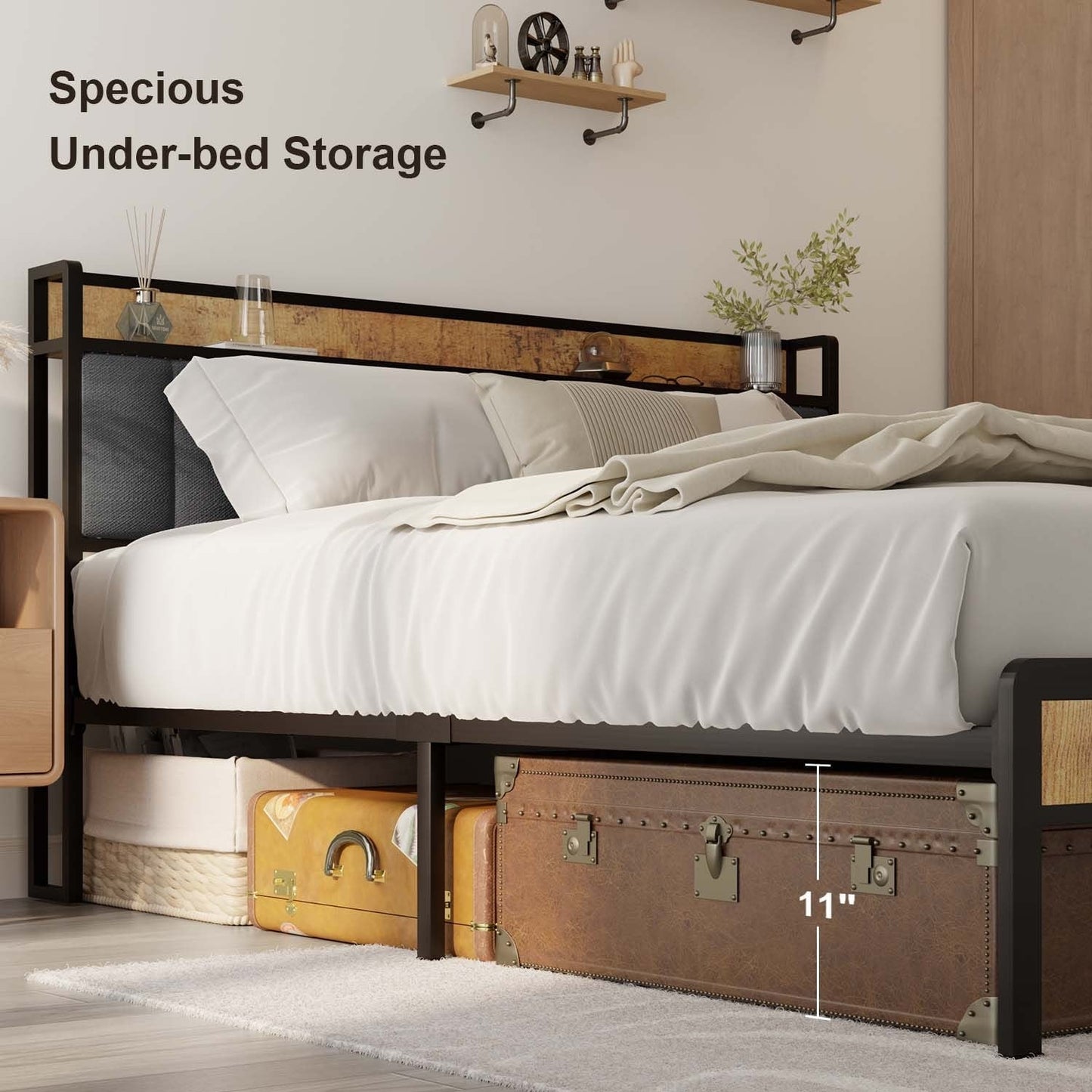 Twin / Full / Queen / King Size Metal Platform Bed Frame with Upholstered Storage Headboard