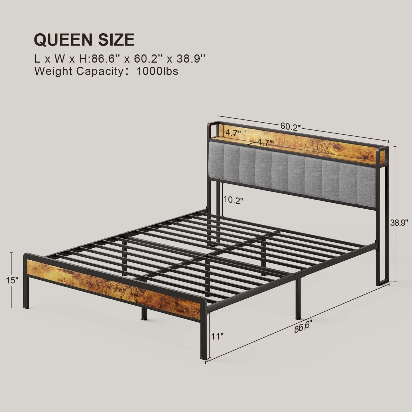Twin / Full / Queen / King Size Metal Platform Bed Frame with Upholstered Storage Headboard