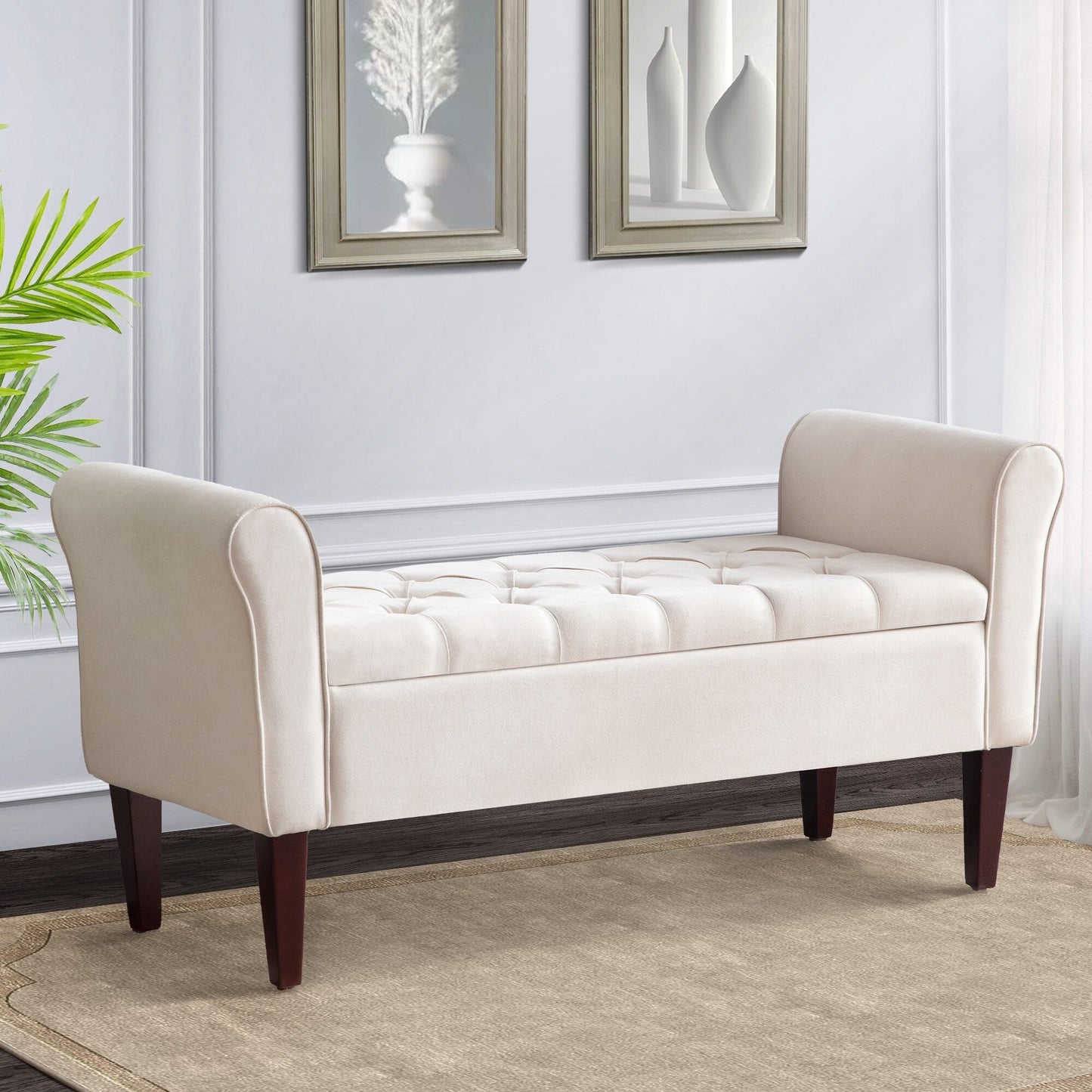 Upholstered Storage Bench Arm Bench Entryway Bench with Tufted Flip Top 50.4 Inches