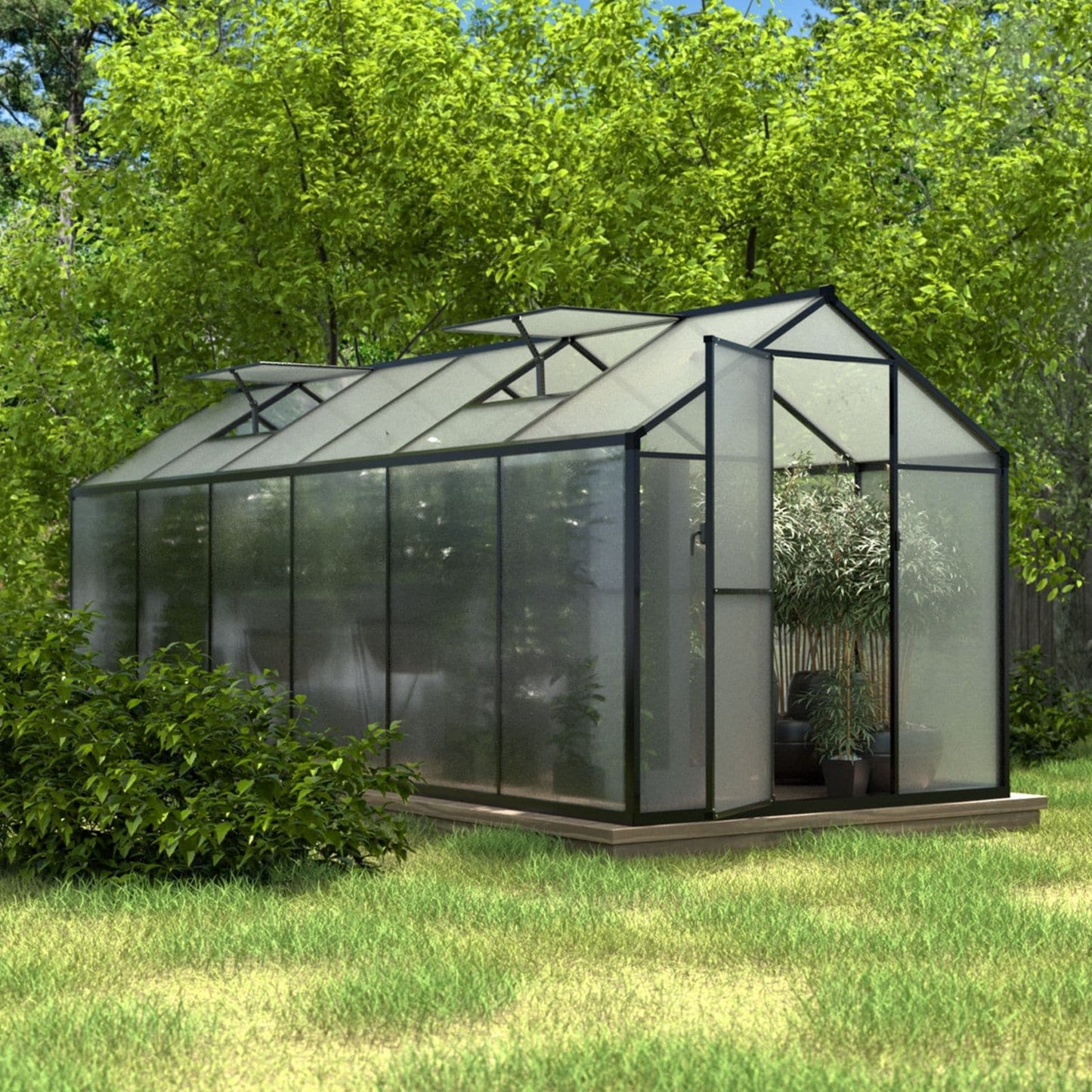 VEIKOUS Aluminum Walk-In Garden Greenhouse Kit with Adjustable Roof Vent and Lockable Door Grey