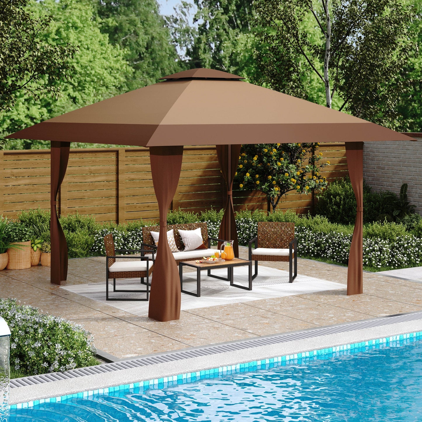 13' x 13' Outdoor Canopy Patio Gazebo Reinforced garden Pop-up Canopy Tentwith Elegant Corner Curtain - 13x13ft