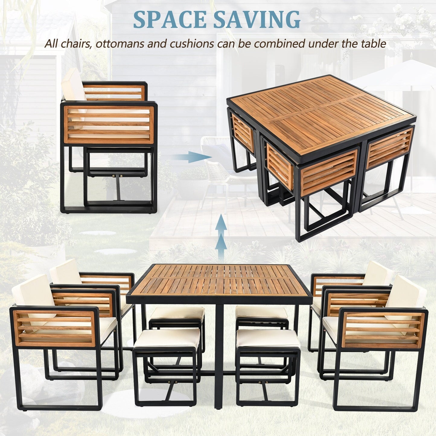 18-Pieces Acacia Wood Patio Dining Set, 8 Cushioned Chairs & 8 Ottomans & 2 Square Table