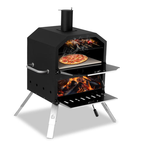 2-Layer Outdoor Pizza Oven Wood Fired Pizza Maker Outside Pizza Grill for Camping - 16 inch