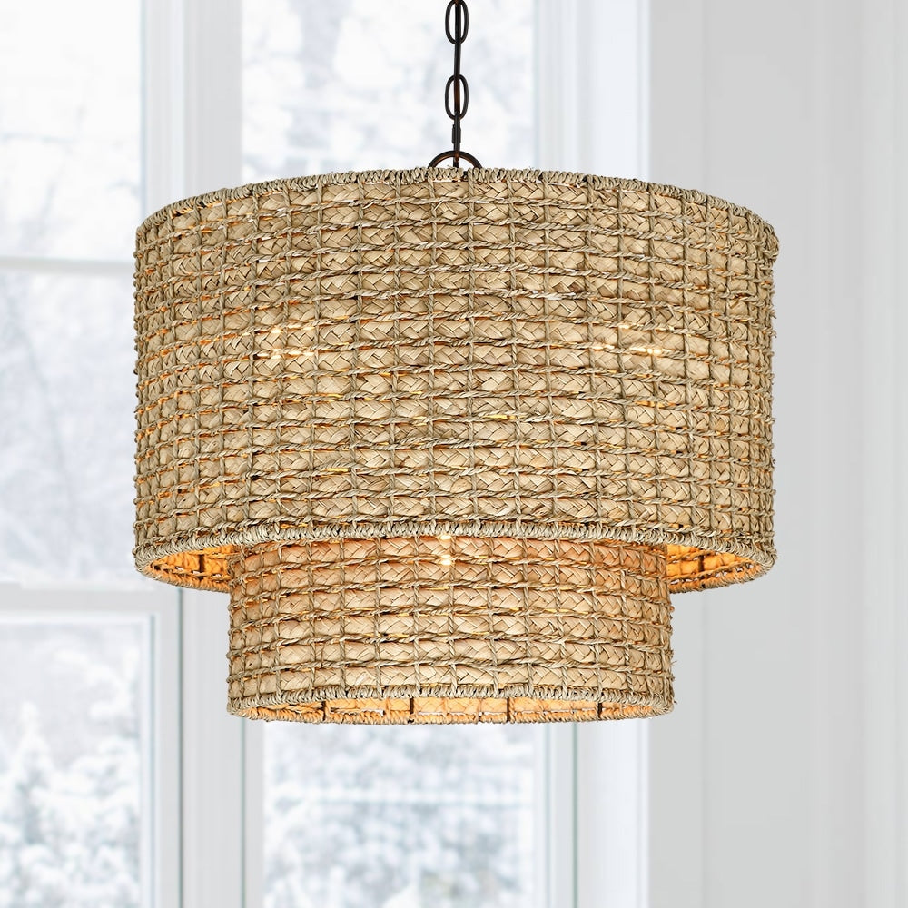 4-Light Natural Rattan Traditional Drum Pendant Light Black Canopy - Black/earthy - 20 in. W