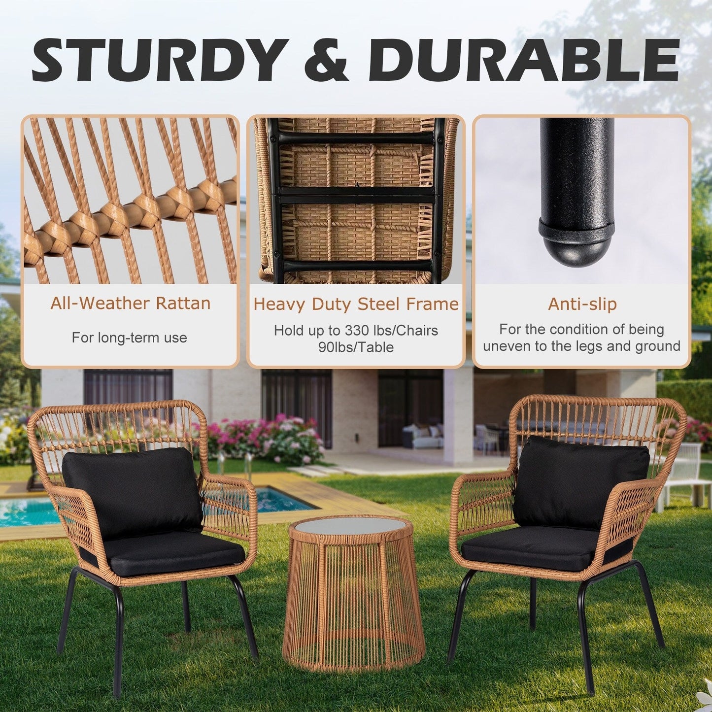 3 Piece Outdoor Wicker Conversation Bistro Set, All-Weather Rattan Furniture Patio Chairs Set with Cushions