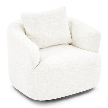 360° Swivel Chair, 38.2 Boucle Accent Chair with Throw Pillow, Upholstered Barrel Sofa Chair with Curved Armrests