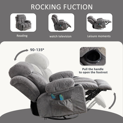 360° Swivel Recliner Chair with Massage, Heat, USB, and Cup Holders