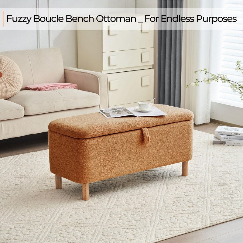 39.5 Off White Boucle Storage Ottoman Bench Sherpa Storage Bench Ottoman Foot Rest End of Bed for Living Room Bedroom,Wood Leg