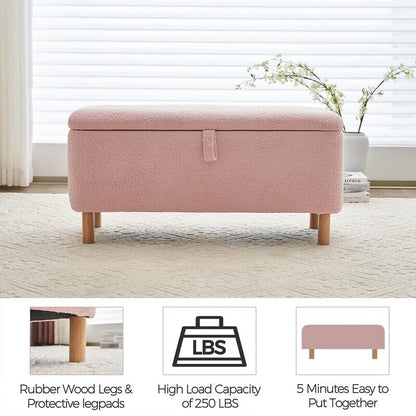 39.5 Off White Boucle Storage Ottoman Bench Sherpa Storage Bench Ottoman Foot Rest End of Bed for Living Room Bedroom,Wood Leg