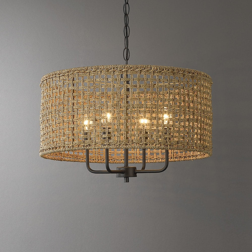 4-Light Bohemian Hand Woven Drum Chandelier - Straw - 20 in. W