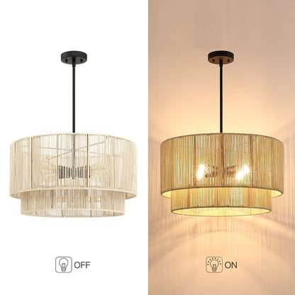 4-Light Rattan Tiered Drum Chandelier Light with Black Canopy - 22'' W