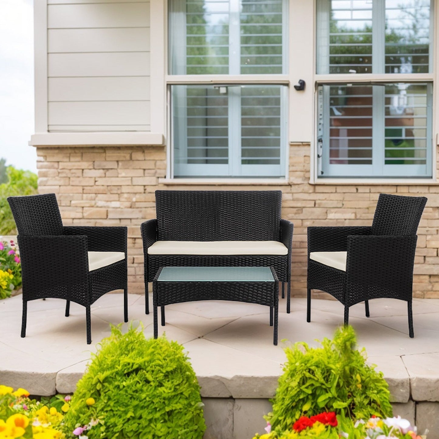 4 Piece Patio Conversation Wicker Furniture Set, Outdoor Rattan Sectional Furniture Set With Cushions