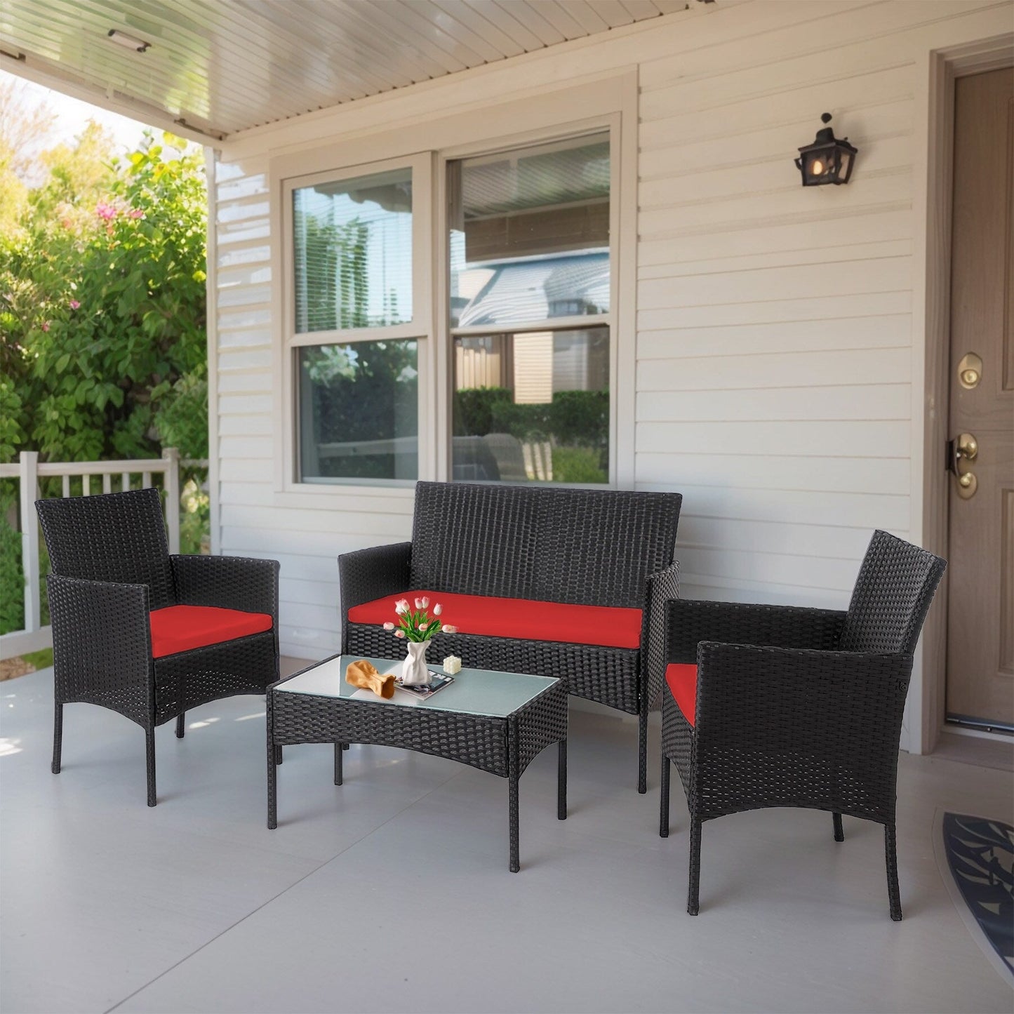 4 Piece Patio Conversation Wicker Furniture Set, Outdoor Rattan Sectional Furniture Set With Cushions