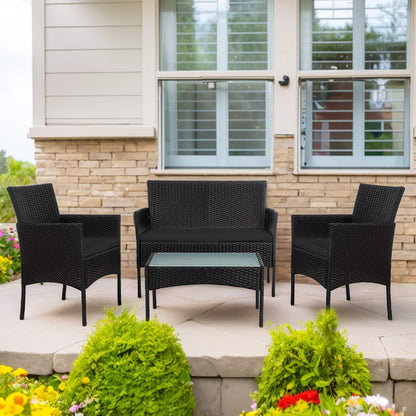 4 Piece Patio Conversation Wicker Furniture Set, Outdoor Rattan Sectional Furniture Set With Cushions