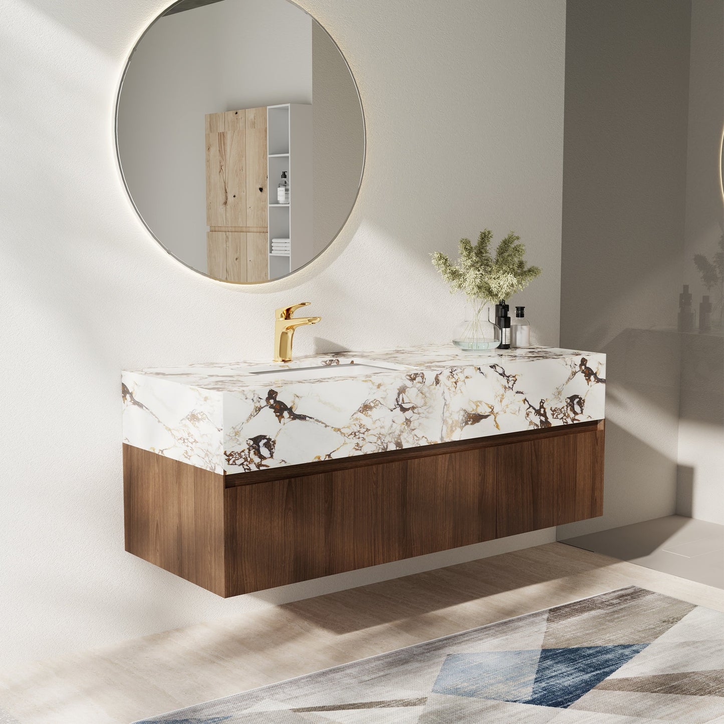 48'' Modern Single Bathroom Vanities, With Glossy Faux Marble Top, Solid Wood