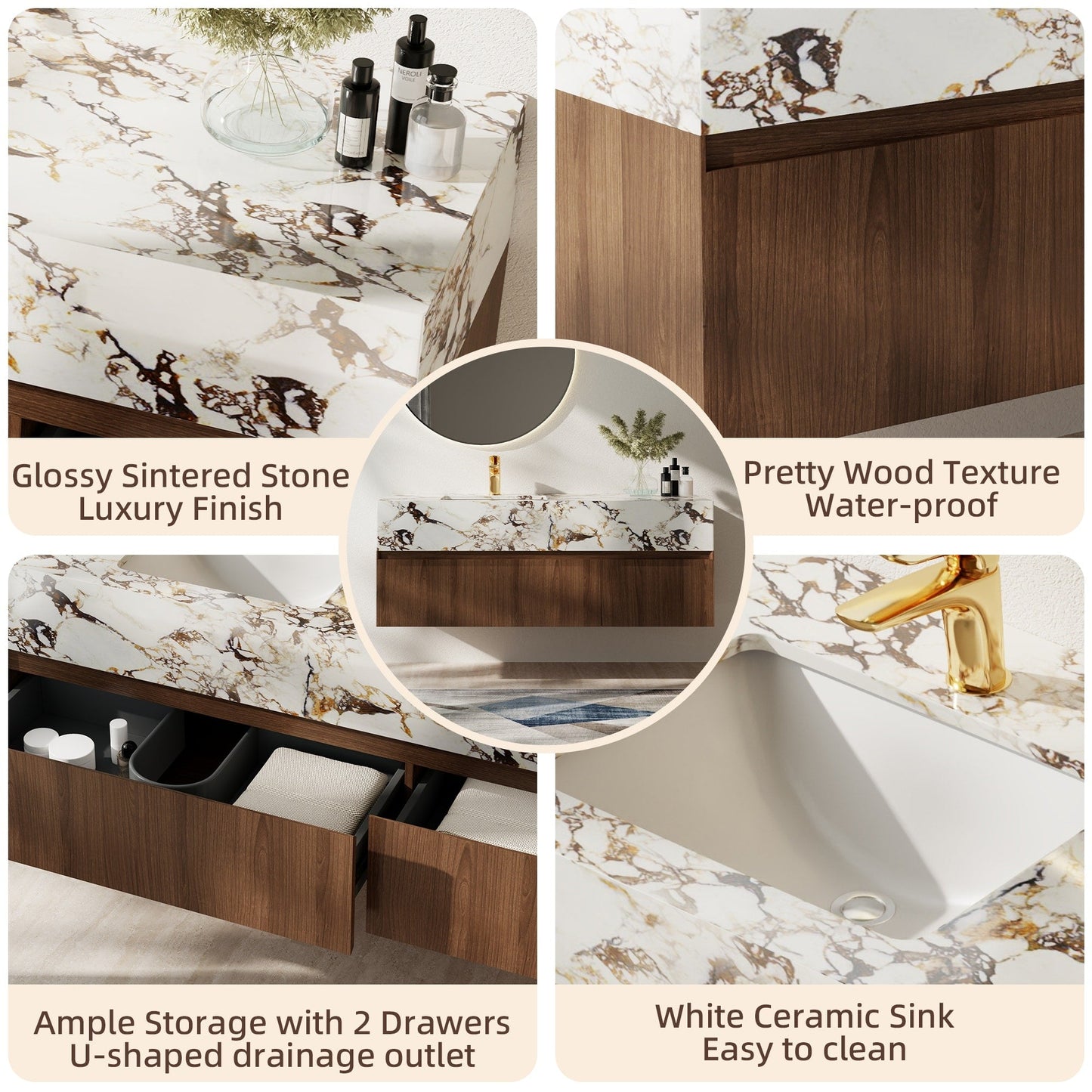 48'' Modern Single Bathroom Vanities, With Glossy Faux Marble Top, Solid Wood