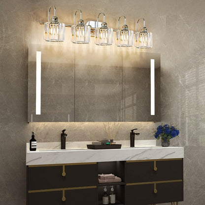 5-Light Glam Linear Dimmable Crystal Bathroom Vanity Lights with Cylinder Crystal Shade