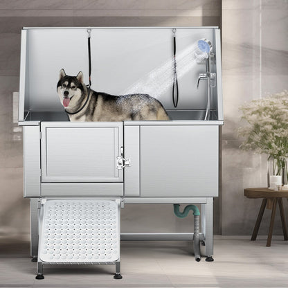 50'' W Stainless Steel Adjustable Pet Grooming Tub with Steps Ramp