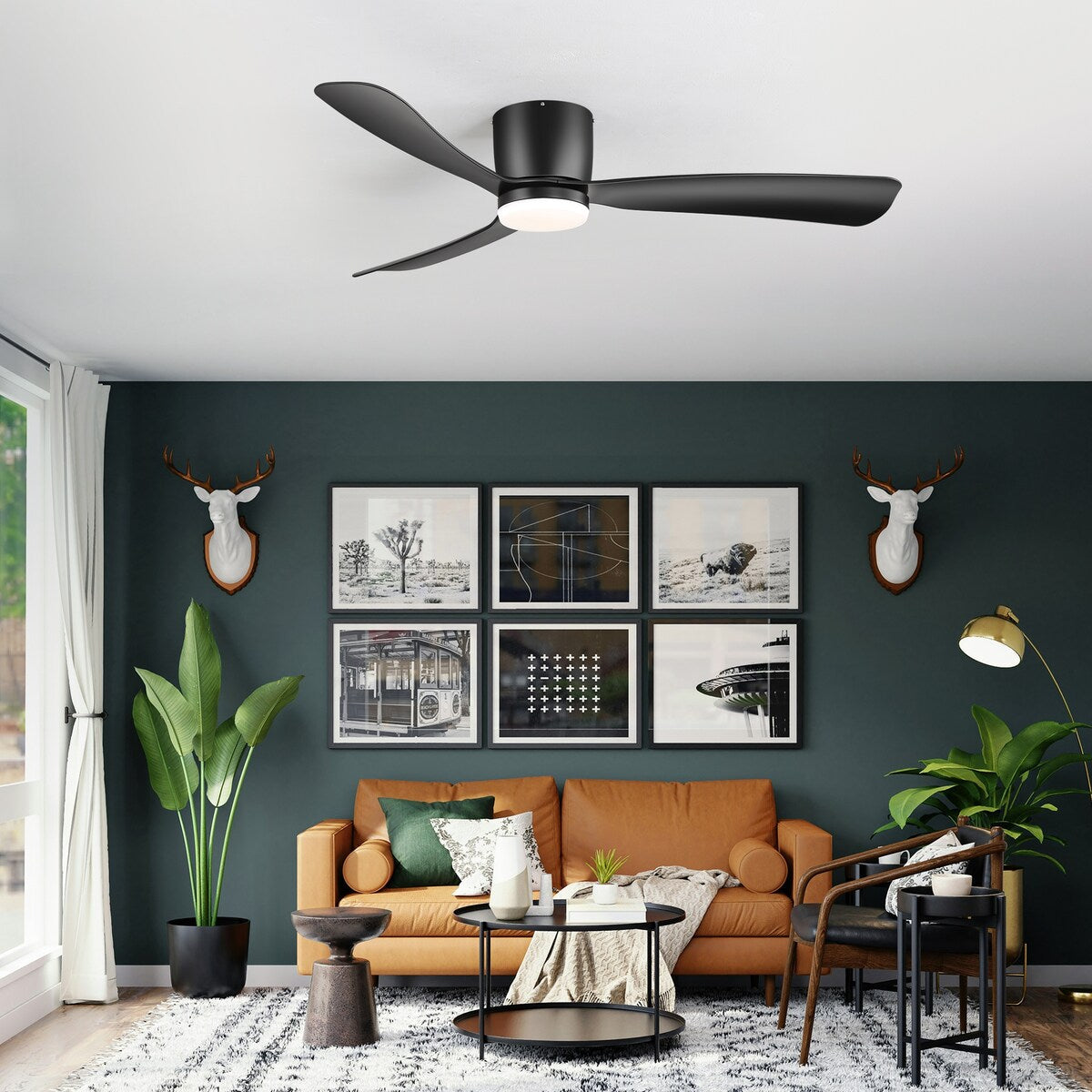 52 Inch Black/White Flush Mount LED Ceiling Fan with Lights Remote(3-Blade)