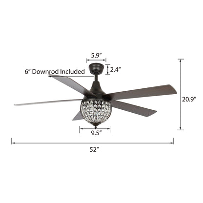 52 Industrial Black Wood 5-blade Crystal Ceiling Fan with Remote