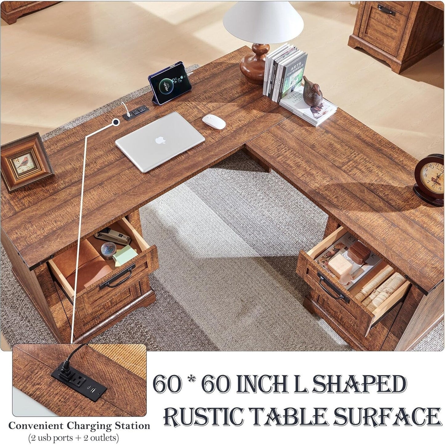 60 Farmhouse L Shaped Executive Desk, Wood Corner Desk, Computer Desk