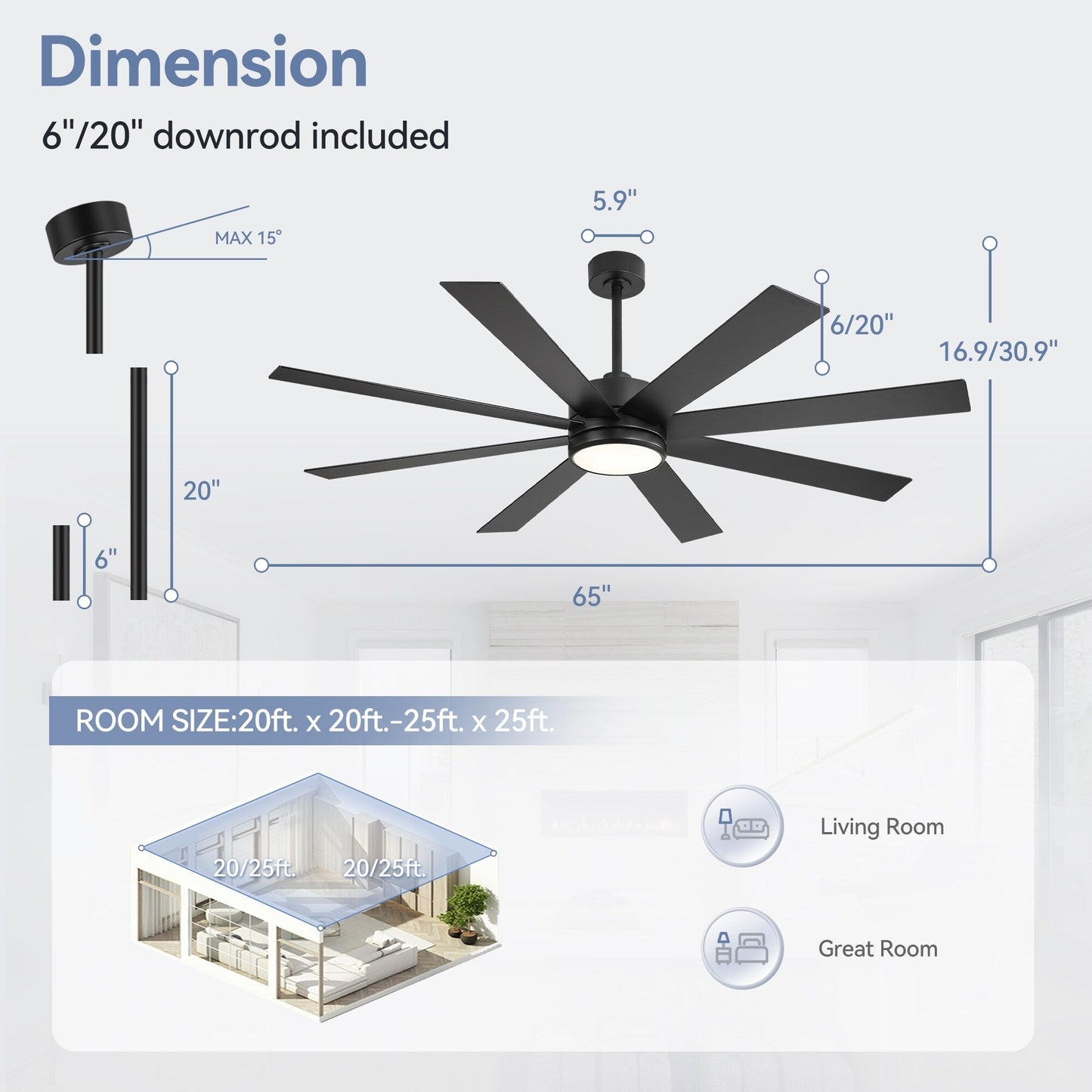 65 Inch 8-Blade Black LED Ceiling Fan with Light and Remote