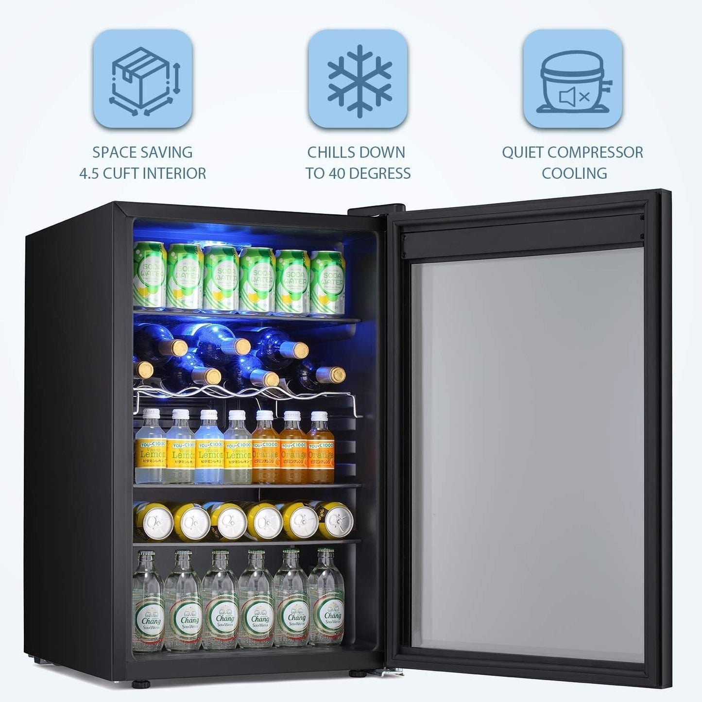 4.4cu.f Wine Cooler with LED Lights and Touch Buttons, Removable Shelves, Less Than 38dB
