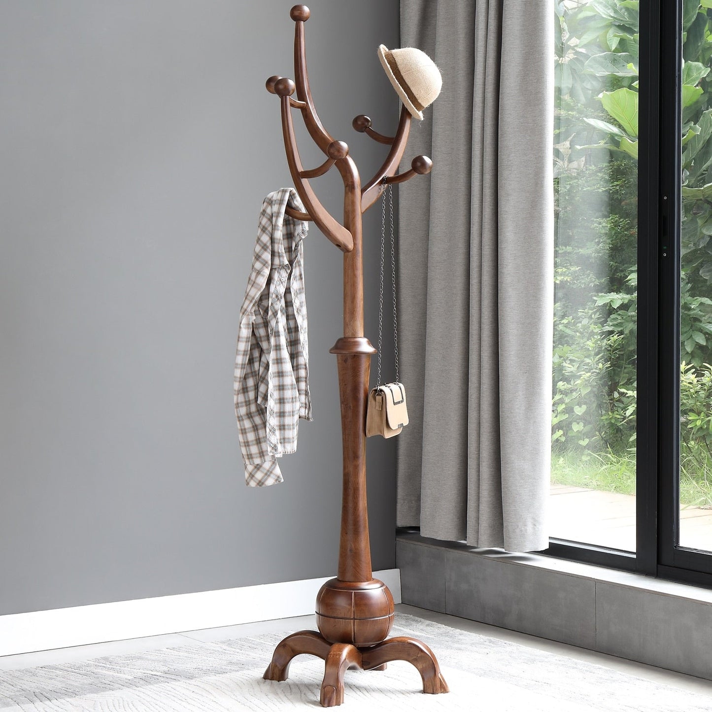 Tree-branch Rubberwood Freestanding Coat Rack with 8 Hooks - 24.5W x 70.87H
