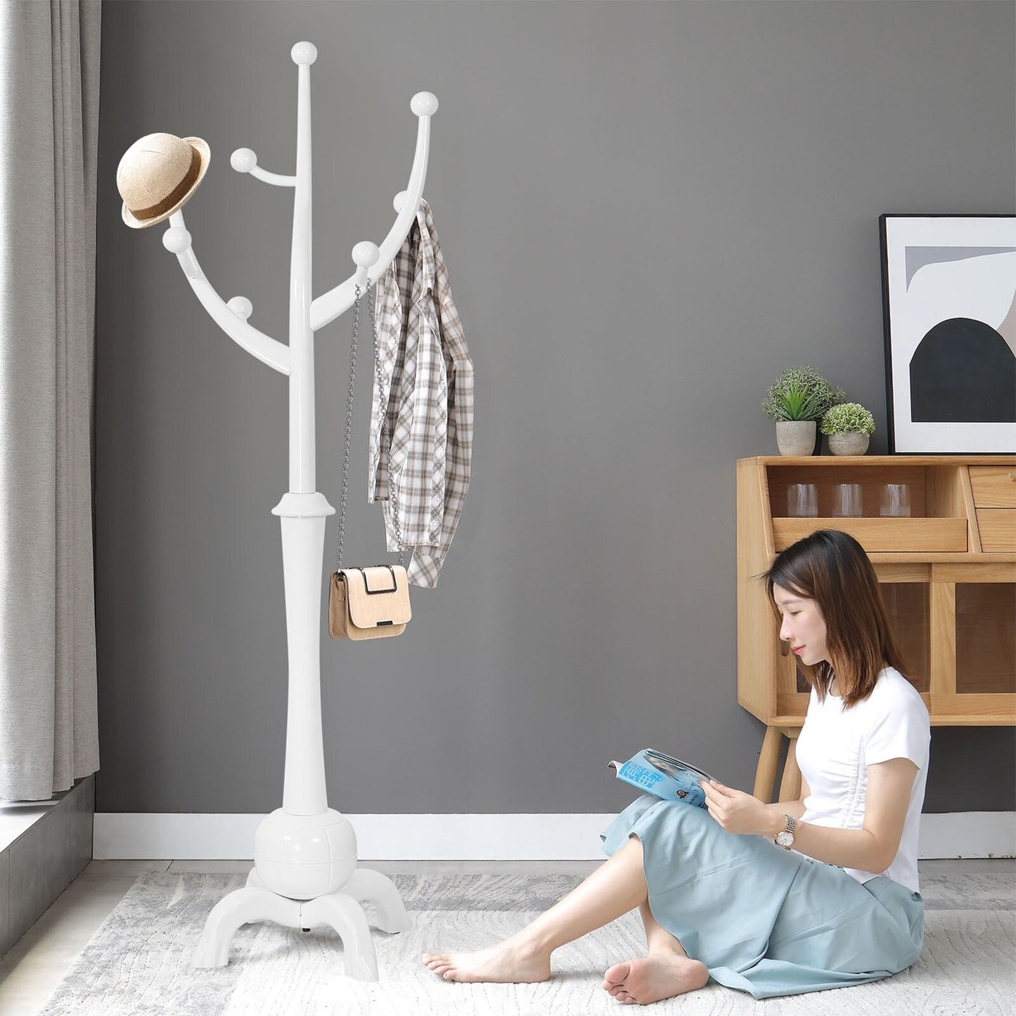 Tree-branch Rubberwood Freestanding Coat Rack with 8 Hooks - 24.5W x 70.87H